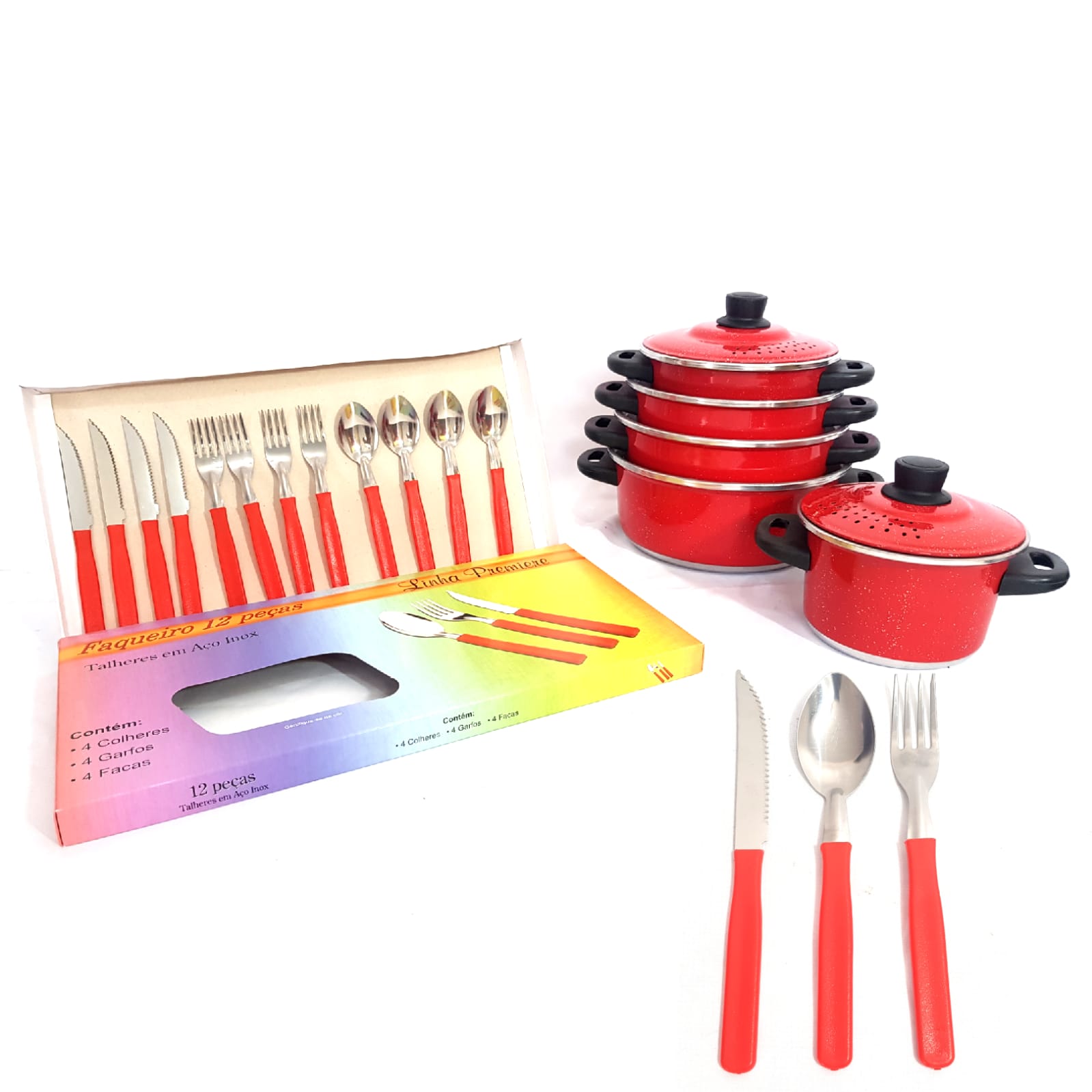 Jogo de Panela Vermelho 5 pçs + Faqueiro ...